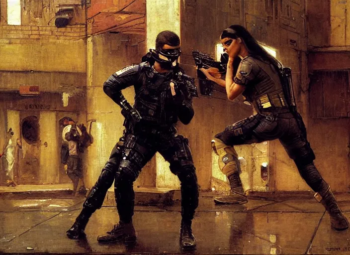 Prompt: Maria evades sgt griggs. Cyberpunk hacker escaping Cyberpunk policeman in combat gear. (police state, Cyberpunk 2077, blade runner 2049). Cyberpunk Iranian orientalist portrait by john william waterhouse and Edwin Longsden Long and Theodore Ralli and Nasreddine Dinet, oil on canvas. Cinematic, Dramatic lighting.