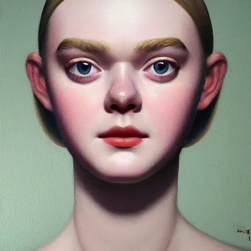 Prompt: a striking hyper real painting of Elle Fanning by Grant Wood