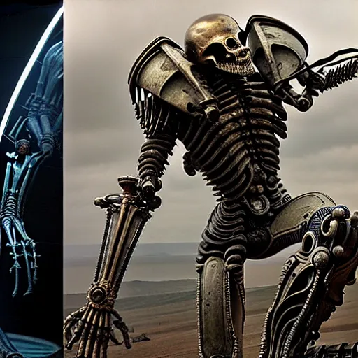 Image similar to still frame from Prometheus movie by giger, necron lord editorial by Malczewski, biomechanical armoured knight by Wayne Barlowe, ornate elaborate complex artifact of death