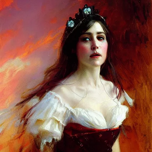 Prompt: solomon Joseph Solomon and Richard Schmid and Jeremy Lipking victorian genre painting portrait painting of a young beautiful woman queen of the sky in fantasy costume, red background