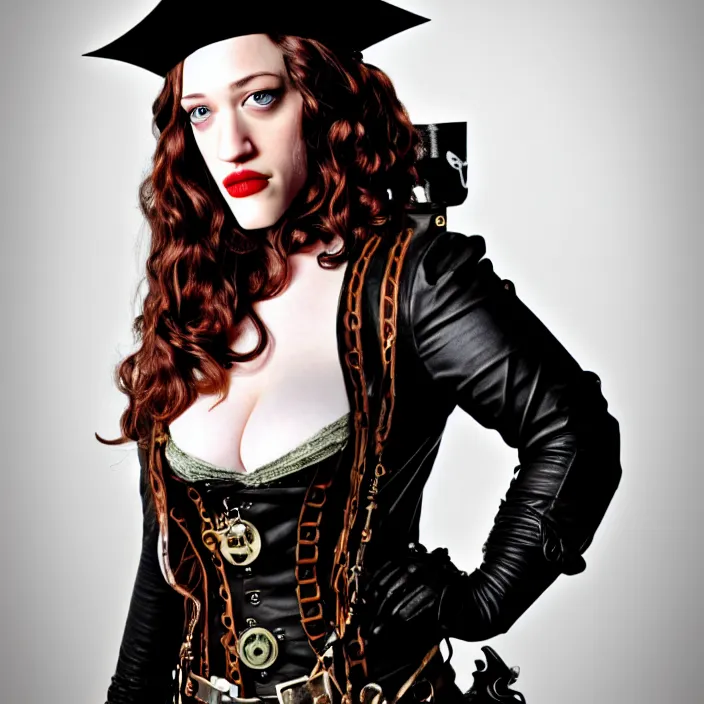 Image similar to full body photograph of kat dennings as a steampunk pirate. Extremely detailed. 8k