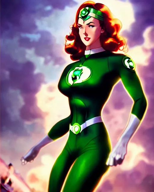 Prompt: pinup photo of female green lantern from justice league in the crowded square of the city, asuna by a - 1 pictures, by by greg rutkowski, artgerm, gil elvgren, enoch bolles, glossy skin, pearlescent, anime, very coherent, sao style anime, flat