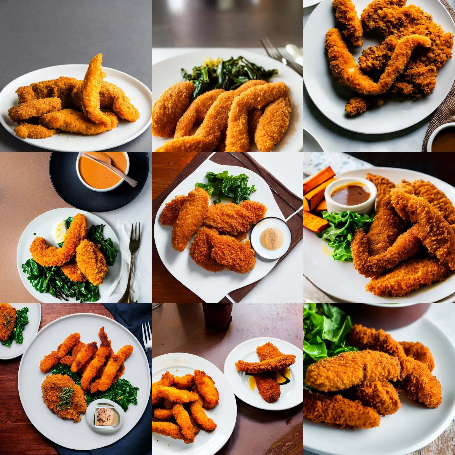 Prompt: A soft focus photo of beautiful, delicious-looking chicken tenders with a side of sweet potato hash and collared greens, three MICHELIN stars, presented on a white-colored plate on top of a mocha-colored table, 80mm lens, f/2.8