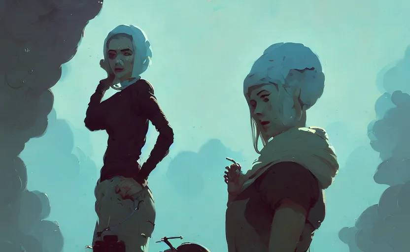 Image similar to portrait of celtic naturepunk woman by atey ghailan, by greg rutkowski, by simon stalenhag, by greg tocchini, by james gilleard, by joe fenton, by kaethe butcher dynamic lighting, gradient light blue, brown, blonde cream and white color scheme, grunge aesthetic