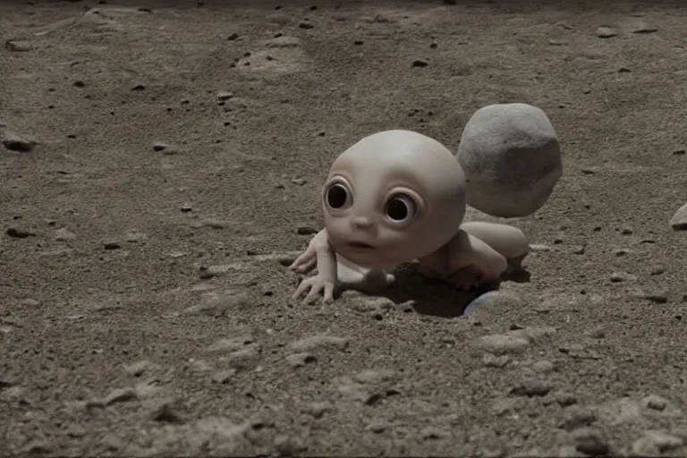 Image similar to vfx movie scene closeup adorable curios tiny little baby alien creature in moon desert eating a rock. by emmanuel lubezki