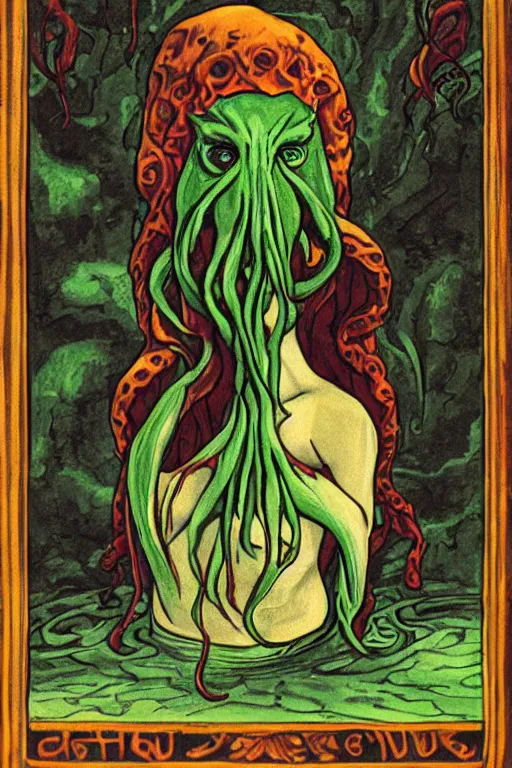 Image similar to cthulhu priestess looking into a mirror