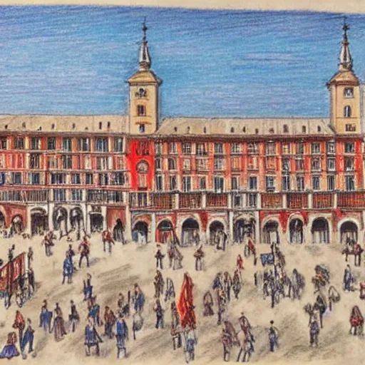 Prompt: colored pencil drawing of la plaza mayor de madrid in 1 9 2 7