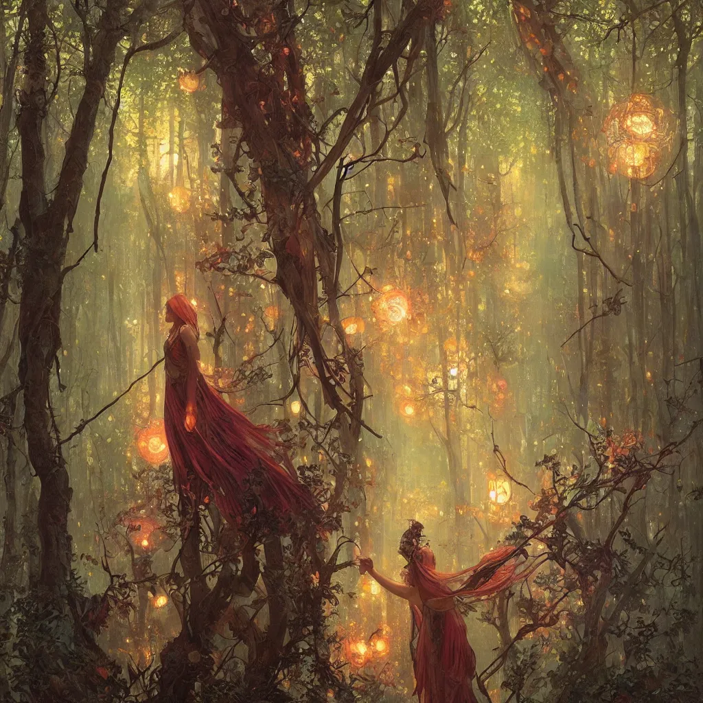 Prompt: forest, overdetailed art, by greg rutkowski, by alfons mucha, complementing colors, magic, colorful lights, fireflies, detailed illustration