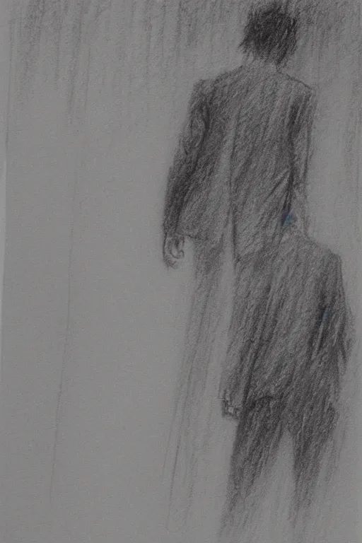 Image similar to a man in a jacket with his back to the camera standing in the rain. pencil sketch.