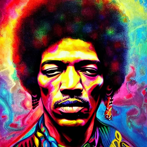 Prompt: An extremely psychedelic portrait of Jimi Hendrix, surreal, LSD, face, detailed, intricate, elegant, lithe, highly detailed, digital painting, artstation, concept art, smooth, sharp focus, illustration