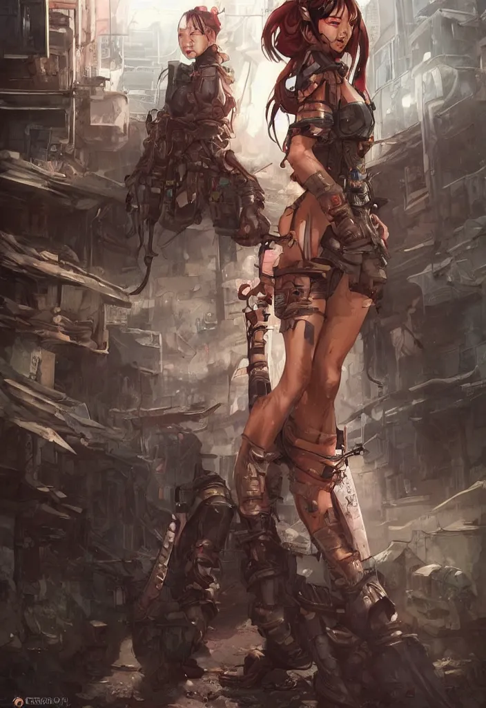 Image similar to Beautiful science fiction warrior princess full body portrait, set in post apocalyptic Tokyo alleyway, glorious sunlight, colors and shadows, D&D, fantasy, highly detailed, digital painting, artstation, concept art, sharp focus, illustration, in style of Artgerm and KyuYong Eom and Mansik Yang and WLOP and Greg Rutkowski and Paul Chadeisson