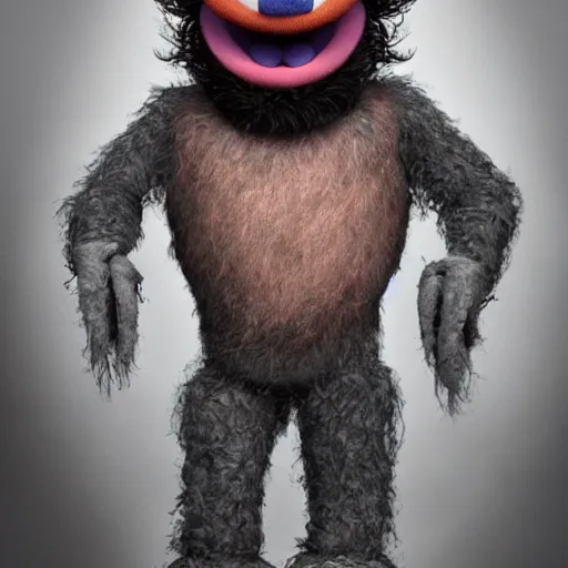 Image similar to a still of a forgotten muppet character looking very manly and modern, hilarious, laughing, hairy chest, huge chin, manly monster tough guy, roughled fur, photo real, photographic, photograph, artstation, trending, featured