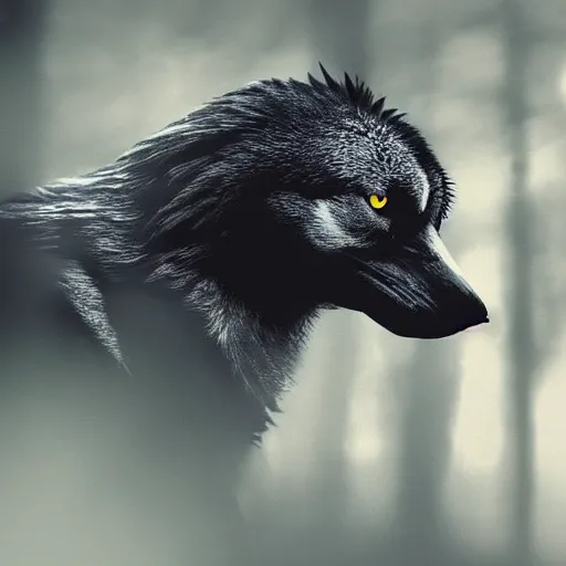 Image similar to mixture between an crow and! wolf, photograph captured in a dark forest, realistic