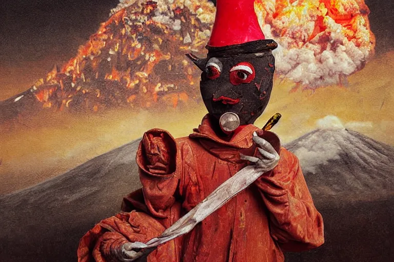 Prompt: a highly detailed pulcinella!!! from naples with pizza in foreground, volcano in the background with smoke, fire and lava, full body, wide angle, an ultrafine detailed painting by rivorio mok, post - apocalyptic vibe, trending on deviantart, whimsical, lowbrow, perfect symmetrical face, sharp focus, octane, masterpiece