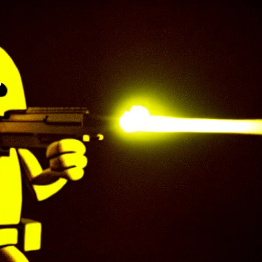 Image similar to high detail movie still of ultra realistic spongebob squarepants shooting an ak - 4 7 machine gun with muzzle flash, cinematic framing rule of thirds, cinematic light, hard shadows, in the style of the movie lone survivor,