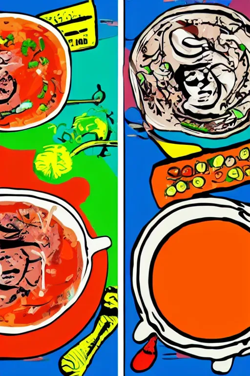 Prompt: a gross looking soup in the style of modern pop art