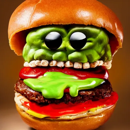 Image similar to a humanoid bipedal upright zombie that strongly resembles a hamburger, professional food photography