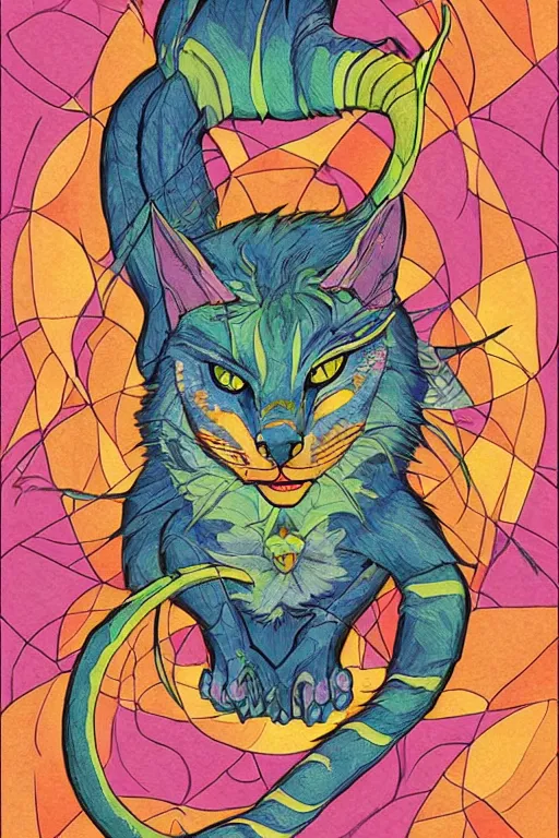 Image similar to demon cat, art by brian miller, colorful, illustration, highly detailed, simple, no jagged lines, smooth