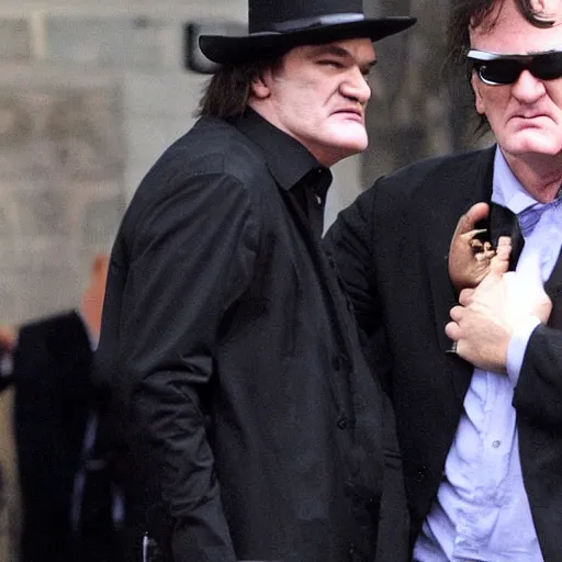 Image similar to quentin tarantino at a funeral, wearing a yarmulke, paparazzi