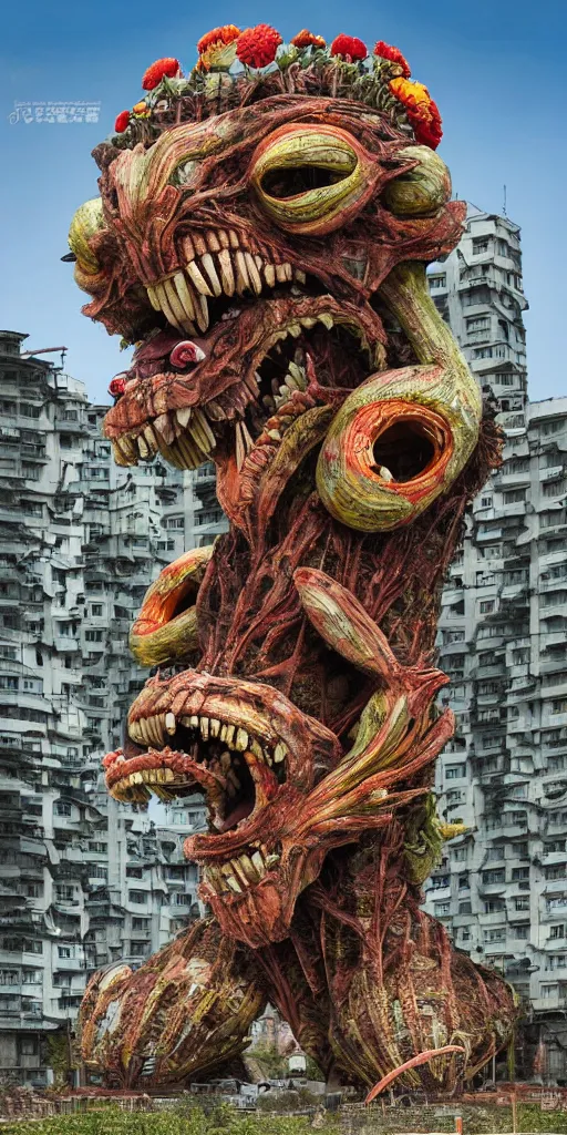 Image similar to colossal grotesque prehistoric alien predator flower made from best unfulfilled mankind projects in the middle of abandoned post soviet constructivist cityscape, Stalinist architecture, ultradetailed, Intricate by Hayao Miyazaki and Josan Gonzalez and Makoto Shinkai and Giuseppe Arcimboldo and Wes Anderson