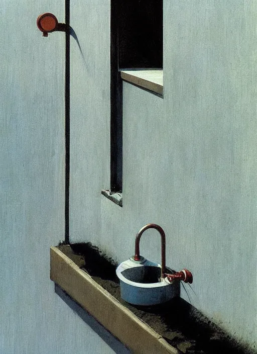 Prompt: water faucet dripping Edward Hopper and James Gilleard, Zdzislaw Beksinski, highly detailed