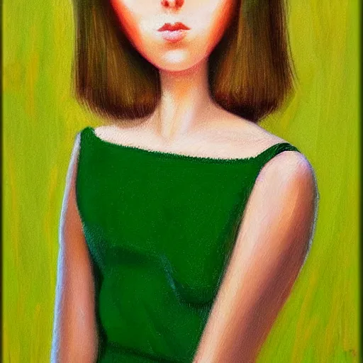 Image similar to portrait of a beautiful woman in green in the style of Margaret Keane, realistic, highly detailed, HD, 4k