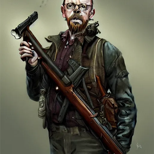 Image similar to portrait of simon pegg in the london of suburbs, winchester rifle, zombie apocalypse, joyful smirk, intricate, elegant, highly detailed, digital painting, artstation, concept art, matte, sharp focus, illustration, art by artgerm and greg rutkowski and alphonse mucha