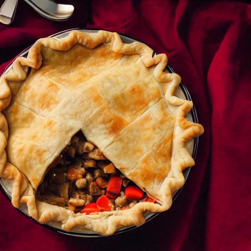 Image similar to a set of false teeth eating a pot pie, hyper realistic, photography, 3 5 mm