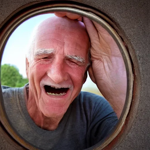 Image similar to a smiling old man seen through a peephole