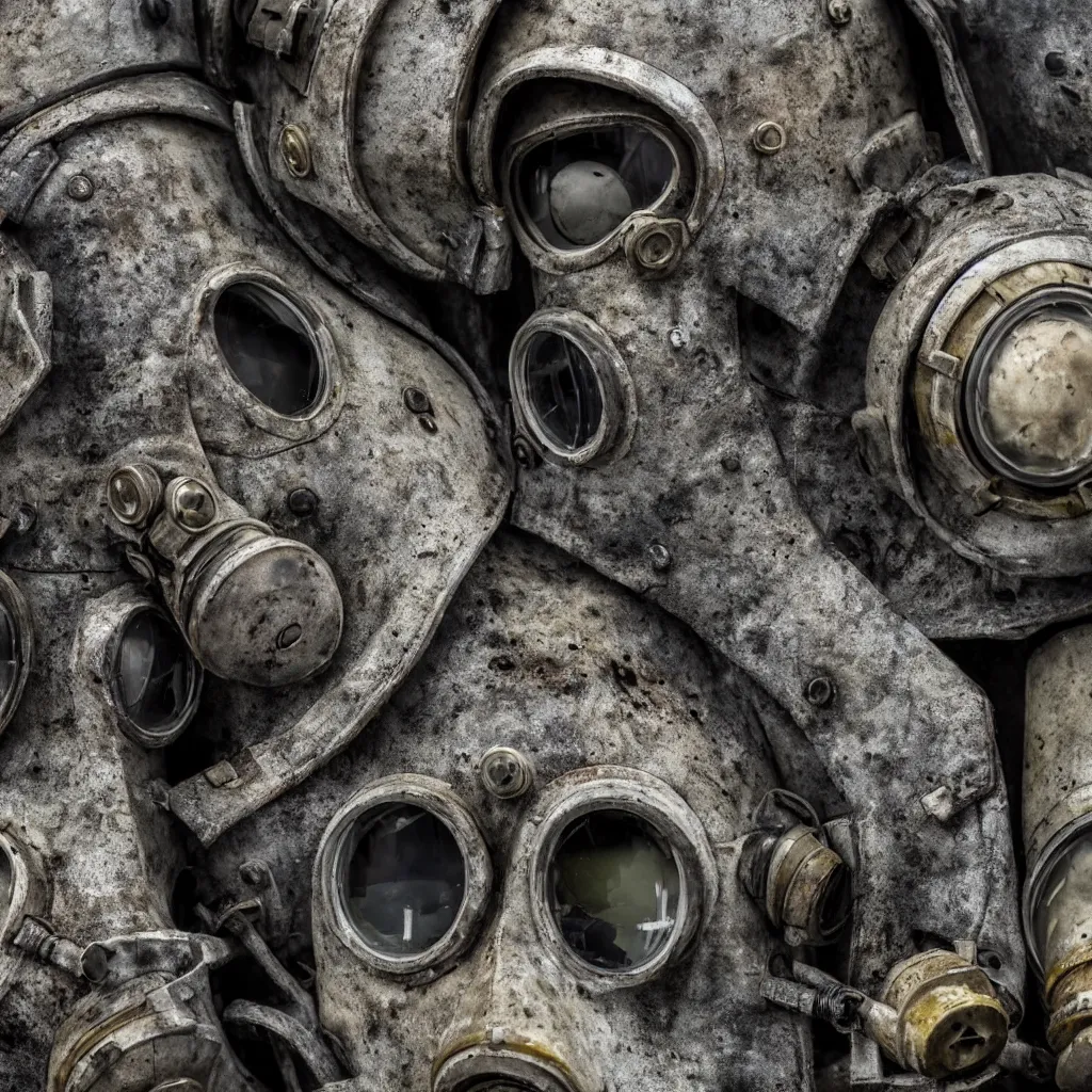 Image similar to high pollution, pripyat, chernobyl, close up gas masks, soviet brutalism, dieselpunk, industrial, very detailed, diesel, 4 k