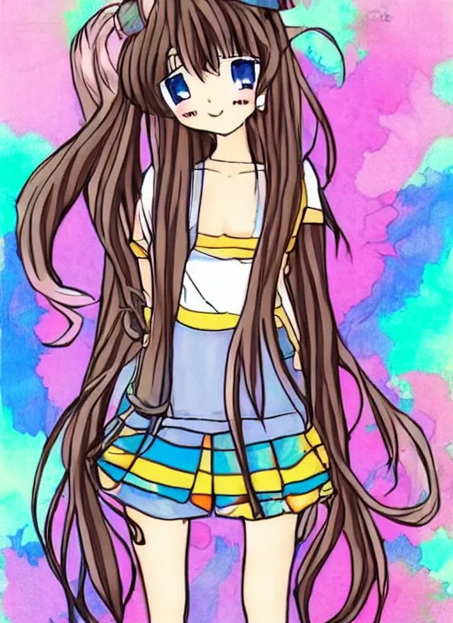 Image similar to poorly drawn anime girl, cute outfit, posing, crayon art, very silly looking, very anime