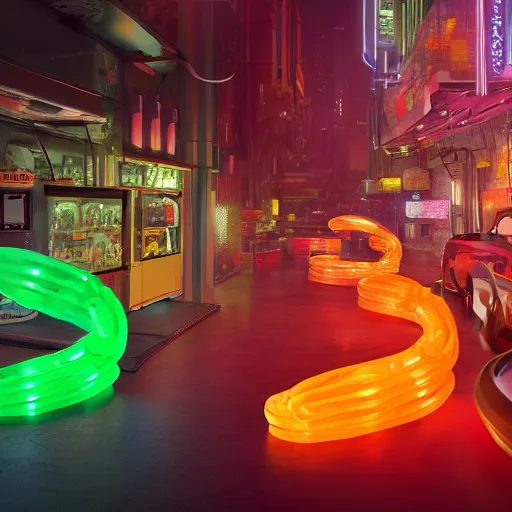 Image similar to a display of futuristic gummi worms with cybernetics are displayed with dramatic product lighting. in the background a dim alley is illuminated by a sole food truck. gummi with extra juiciness. digital art, imax 7 0 mm, blade runner, sci - fi, fantasy, fairytale, 4 k, octane 3 d render, ue 5.