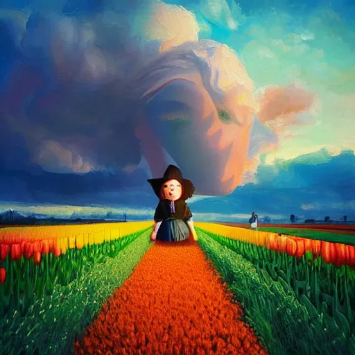 Image similar to giant tulip head dutch girl, surreal photography, flower field, sunset dramatic light, impressionist painting, colorful clouds, blue sky, digital painting, artstation, simon stalenhag