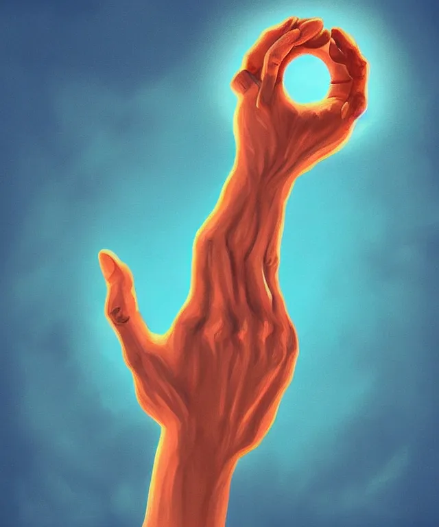 Prompt: a giant hand reaching from a portal in the sky, in the art style of robbie trovino, digital painting, artstation, instagram, sharp focus, illustration, surrealism