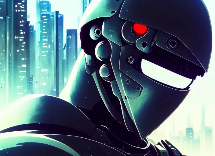 Image similar to a anime portrait of a cyborg ninja, finely detailed features, closeup at the face, sharp focus, perfect art, city background, cinematic lighting, intricate, anime, illustration, artstation, trending on pixiv fanbox, painted by greg rutkowski, studio ghibli, yoji shinkawa, hayao miyazaki, mappa, 4 k