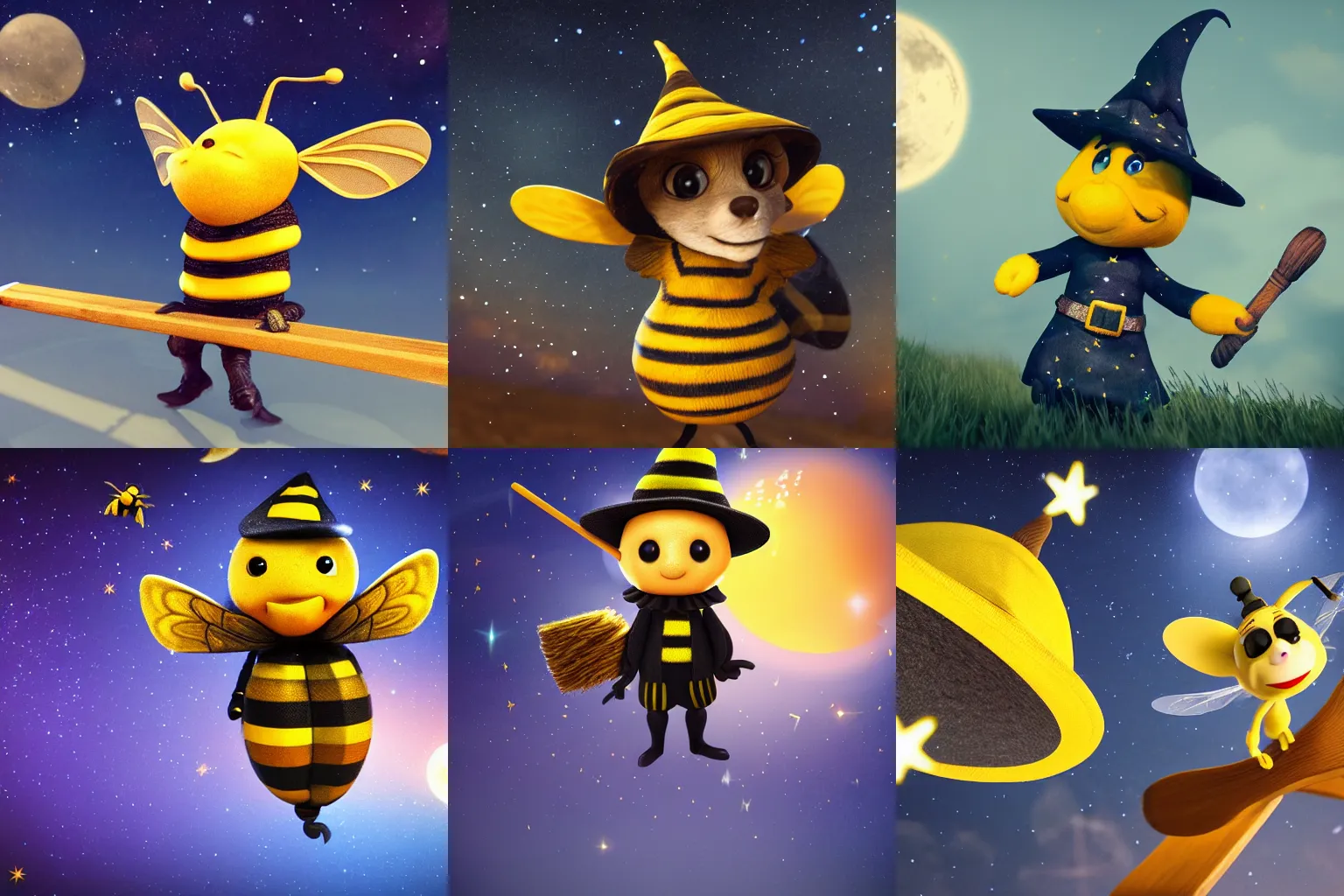 Prompt: bee wearing a witchs hat, on a broomstick, night sky background, twinkling stars, digital art, high resolution, octane render, 4 k