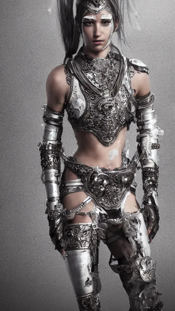 Image similar to exotic female athletic warrior wearing silver ornate detailed armour, transparent plastic clothing, dirt and sweat on body, elegant face, smudged running makeup, haute couture, regal, straps belts and harnesses, urban style, unreal engine, bloom, cinematic camera,