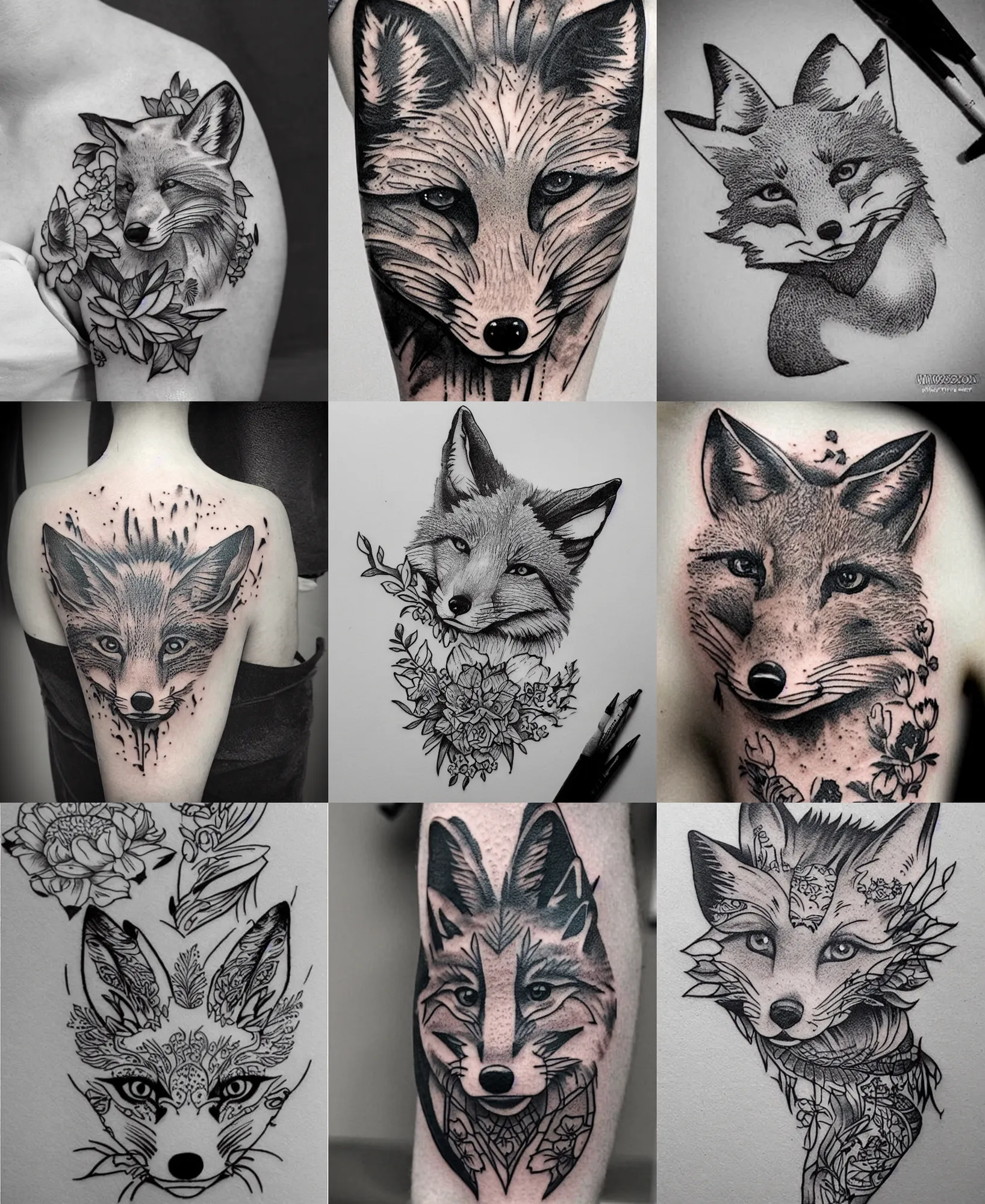 Image similar to amazing detailed tattoo stencil of a floral realistic fox