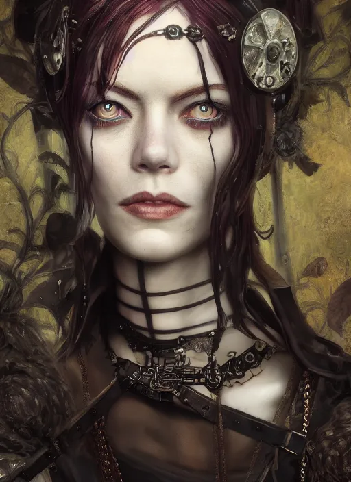 Prompt: dark goth gothic steampunk portrait of emma stone, hyper detailed, digital art, cinematic lighting, studio quality, smooth render, unreal engine 5, octane rendered, art style by klimt and nixeu and ian sprigger and krenz cushart.