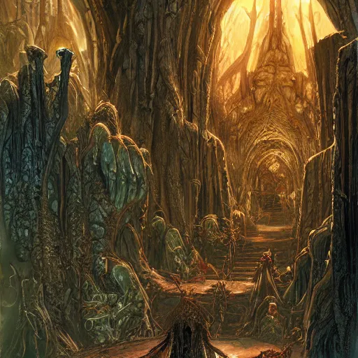 Image similar to halls of the goblin King, Darrell K Sweet, artstation, concept art, digital art