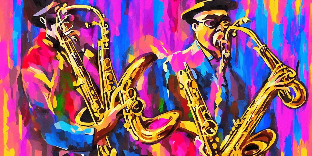 Prompt: the jazzman plays the saxophone, digital art style, illustration painting, 4 k,