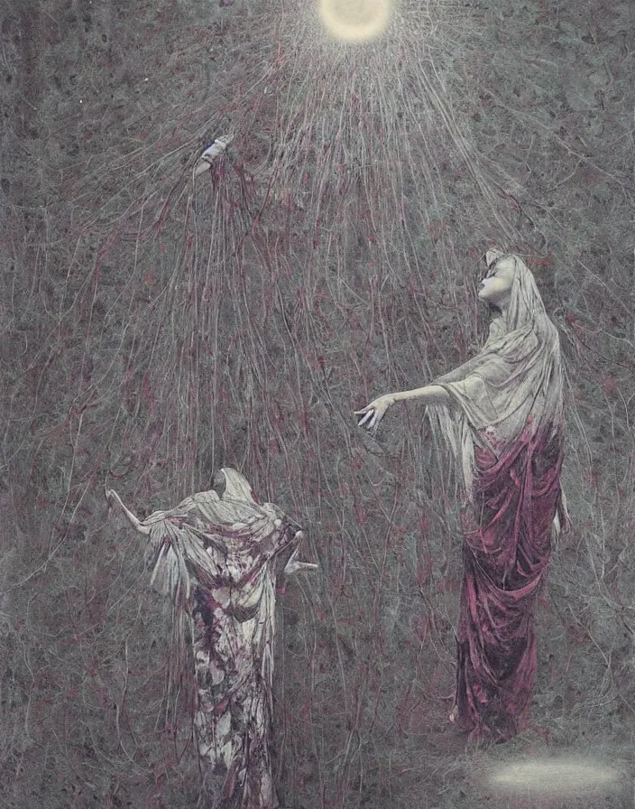 Image similar to a crystal orb radiating white light, worshippers in robes belonging to the cult of the crystal reach out to touch it, interior of a small room, beksinski painting, part by adrian ghenie and gerhard richter. art by takato yamamoto. masterpiece, deep colours