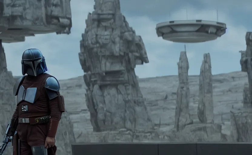 Prompt: still image screenshot portrait of luke skywalker in mandalorian armor on the new episode of the mandalorian disney + bounty hunter soldiers in front of a strange building, moody mining planet, anamorphic lens