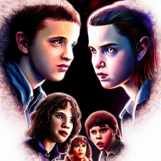 Image similar to Twilight version of Stranger Things, Portrait of Edward and Bella, photorealistic, dramatic lighting, soft, sharp focus, highly detailed, digital painting