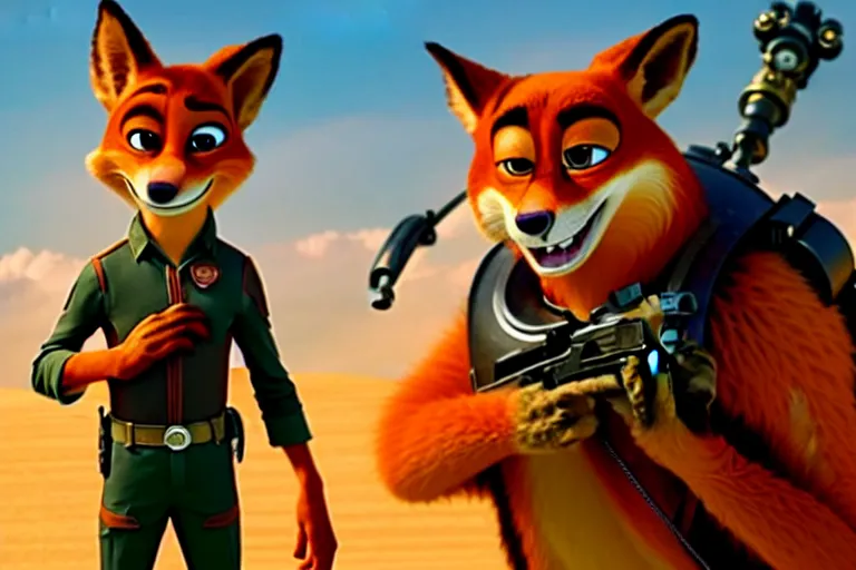 Image similar to nick wilde ( from zootopia ), heavily armed and armored facing down armageddon in a dark and gritty reboot from the makers of mad max : fury road