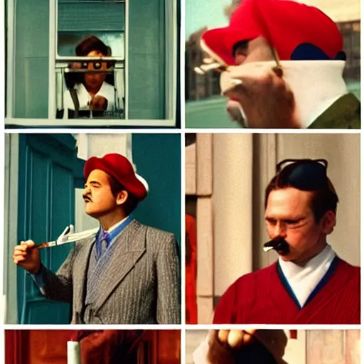 Image similar to Mario smoking a cigarette in a Wes Anderson film aesthetic!!!