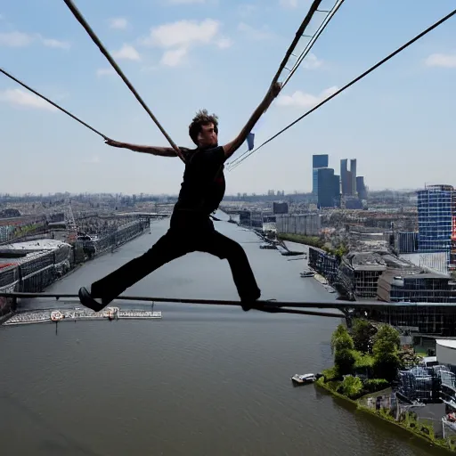 Image similar to tightrope walker above Erasmus bridge