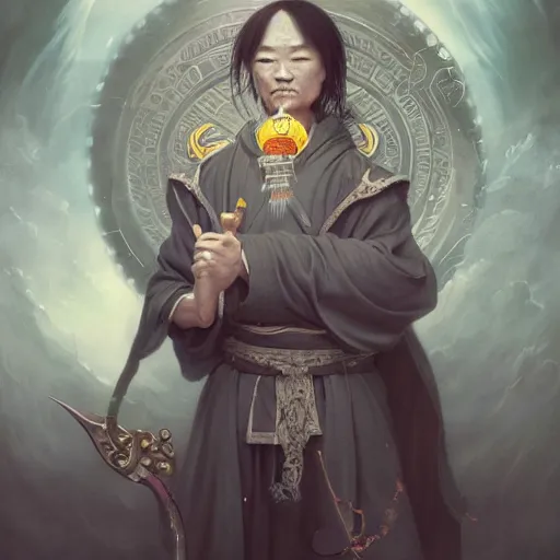 Image similar to a chinese taoist priest, like andy lau, immortal taoist bones, affable ， style of tom bagshaw, cedric peyravernay, peter mohrbacher, victo nga, 4 k hd illustrative wallpaper, animation style, chinese style