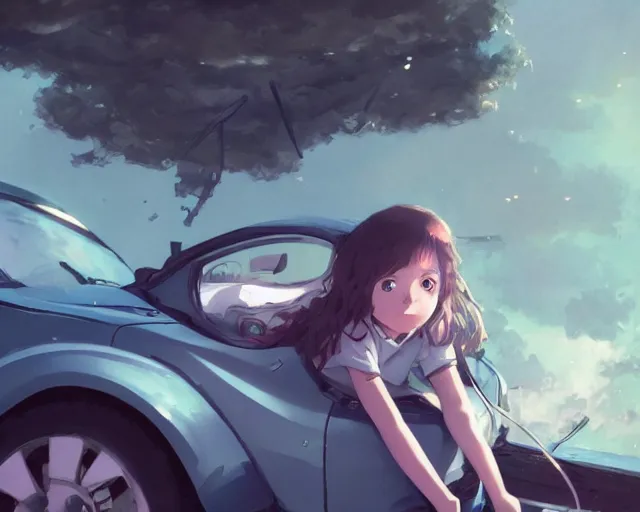 Image similar to a brunnete girl with blue eyes and puffy cheeks lying in a car accident, long shot from the top, anime art, Greg Rutkowski, studio ghibli, dramatic lighting