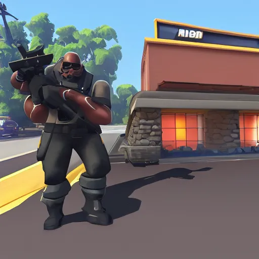 Image similar to heavy weapons guy from tf 2, in line at taco bell